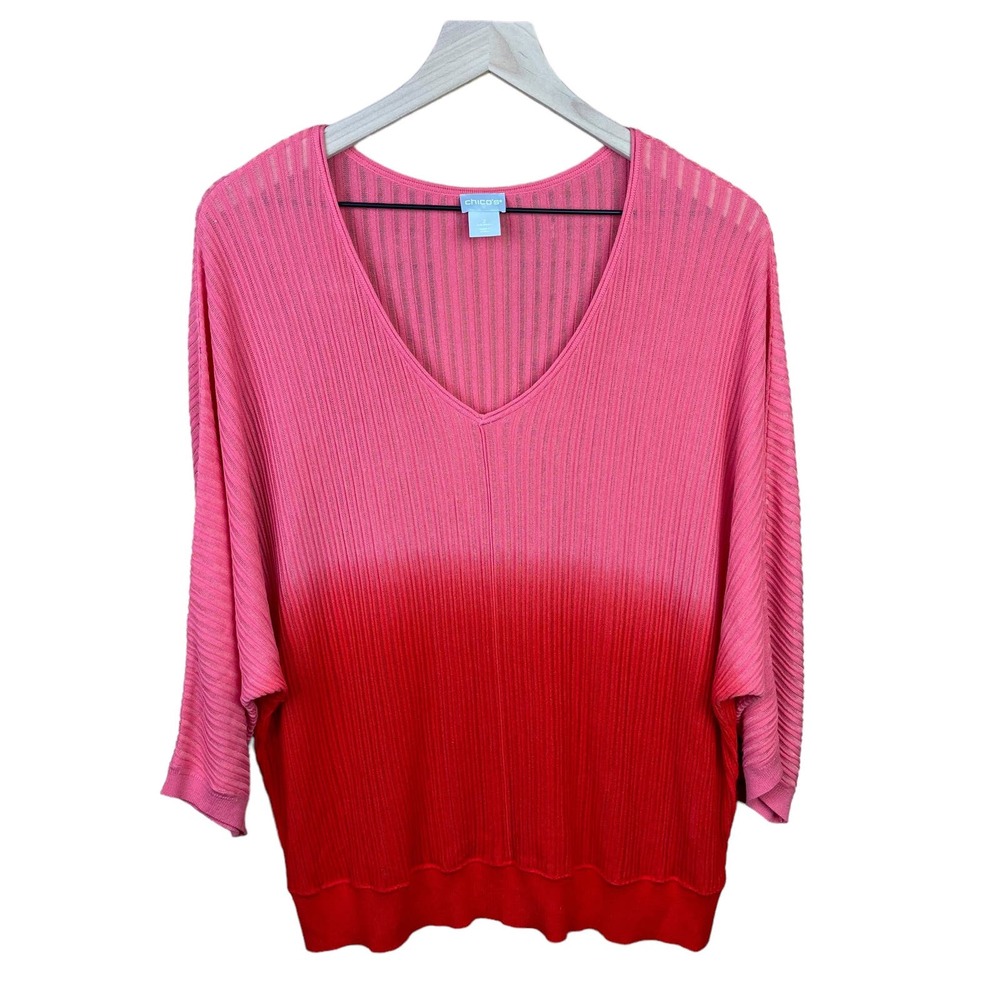 Chico's Womens Large Sheer Strip Dip-Dye V-neck Lightweight Spring Tunic‎ Top